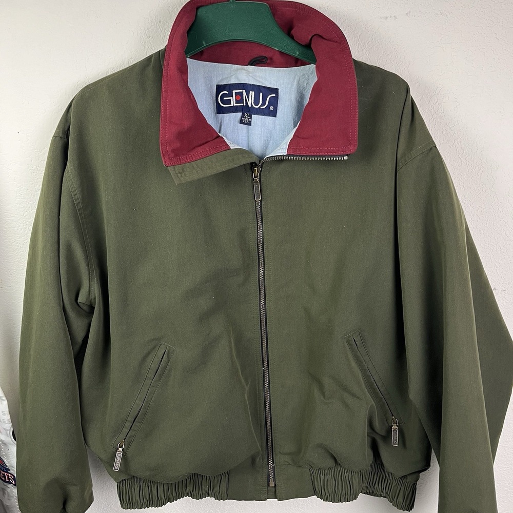 Vintage Genus Army Green Bomber Jacket Zip Up Lightweight Coat Made In USA Sz XL